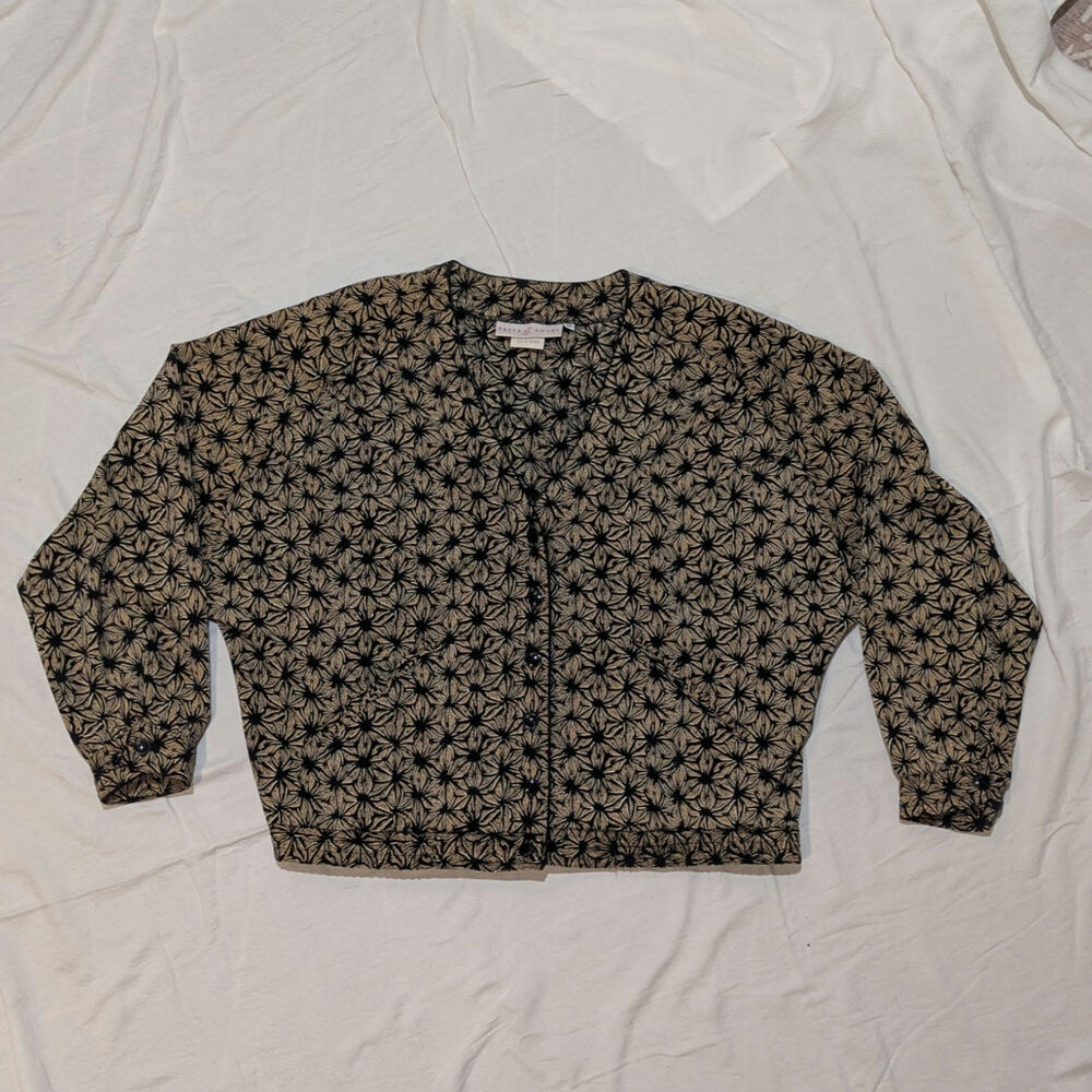 Vintage 90s Black Tan Floral Boxy Snap Front Jacket Womens M Pockets